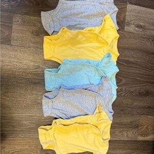 Set of Baby Bodysuits in Yellow, Blue, and Gray